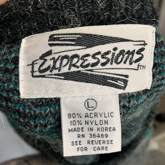 Vintage Sweater Expressions Size Large Fuzzy Argyle Print Black Teal - Picture 3 of 5